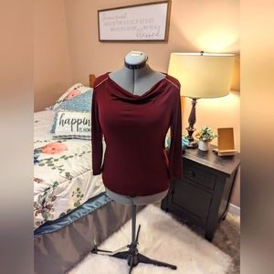 Burgundy Liz Claiborne blouse with scoop neck and beaded shoulder ornaments S